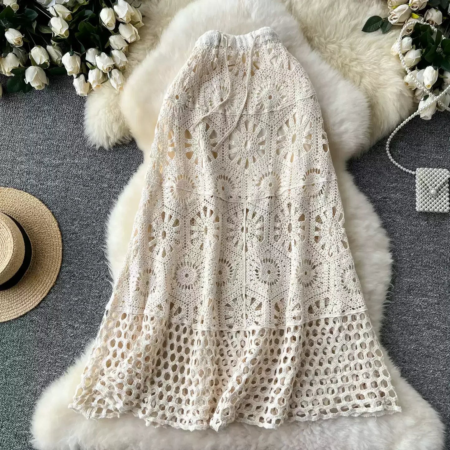 Cotton Floral Crochet Knitted Lace Skirt For Women Vintage Hollow Out Elastic Waist Skirts Summer Holiday Long  Boho Beach Falda