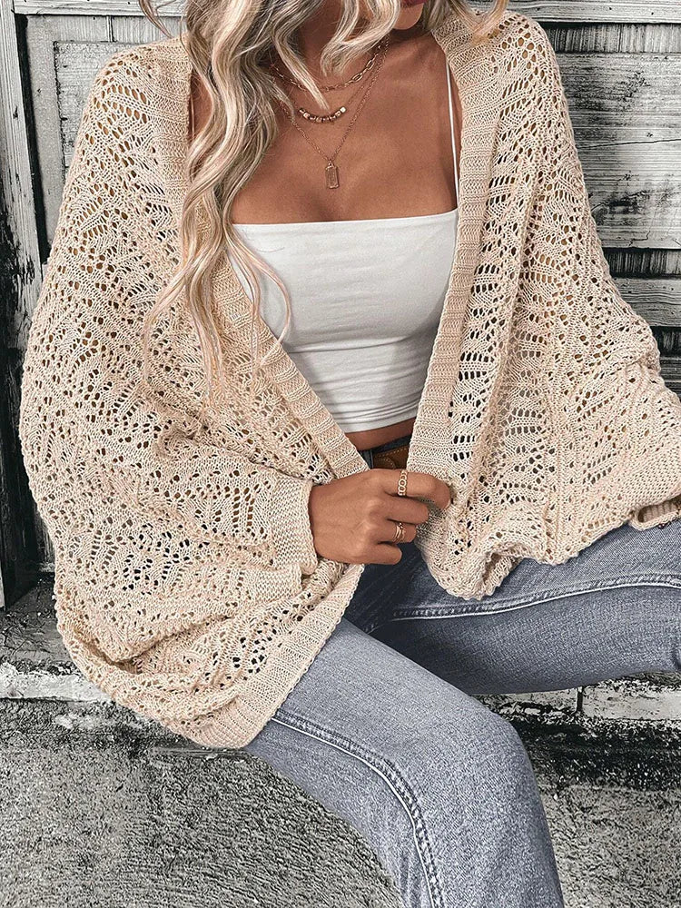 Polyester 100.00% Solid Color Camisole Knit Cardigan Elegant Front Open Bat Wing Sleeve Loose Cardigan for Women