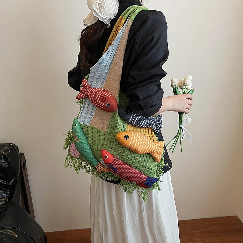 Cute Little Fish Relaxed Knitted Bag 2025 Summer New Commuter Versatile Shoulder Bag Contrasting Cut Out Tote Bag