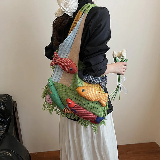 Cute Little Fish Relaxed Knitted Bag 2025 Summer New Commuter Versatile Shoulder Bag Contrasting Cut Out Tote Bag