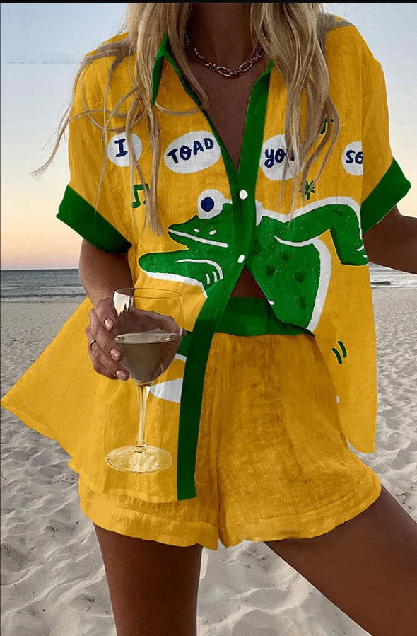 Fashion Print Beach Holiday 2-Piece Set Women Summer Short Sleeve Shirt Top + Wide Legs Short Women's Oversized Two-Piece Outfit
