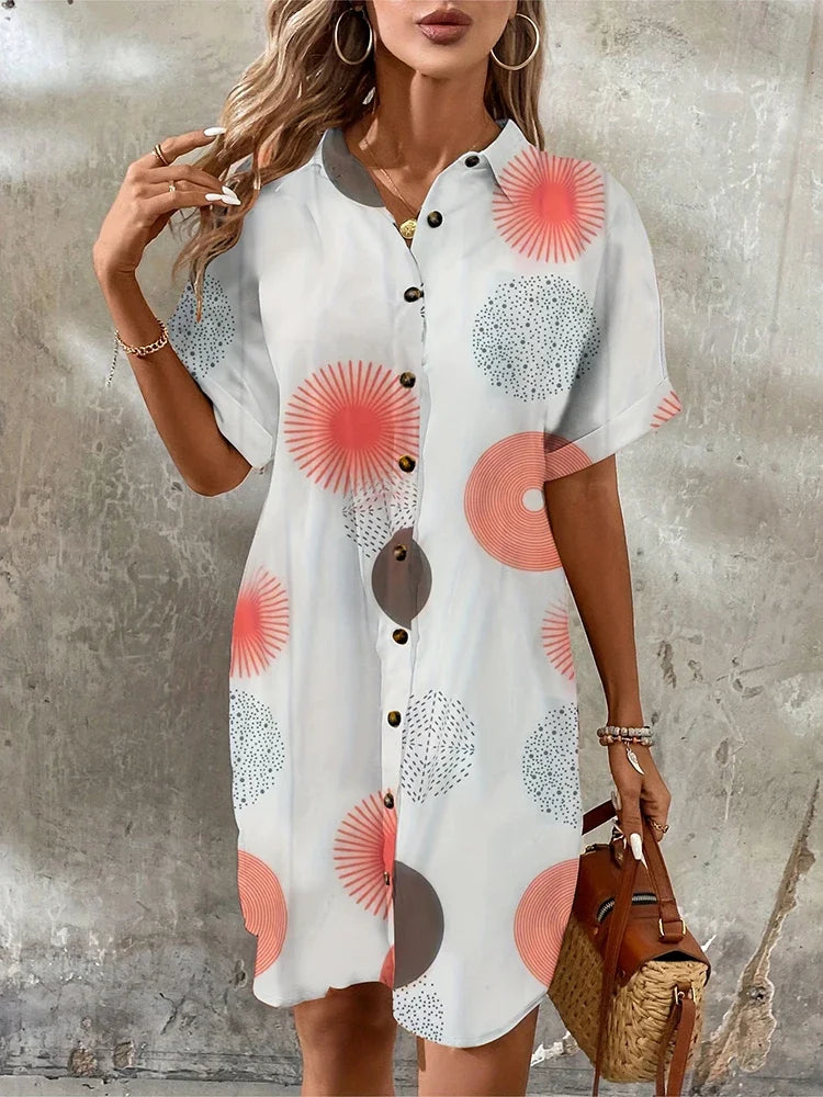 New Summer Everyday Casual Women's Short Sleeve Shirt Dress  Sweet Fashion Single-breasted Dress Floral Print Elegant Dress