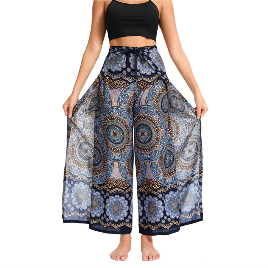 Women's Boho Palazzo Pants Wide Leg Yoga Wrap Tie Up Waistband Beach Cover Up Trousers Rayon Soft Breathable Loose Pants