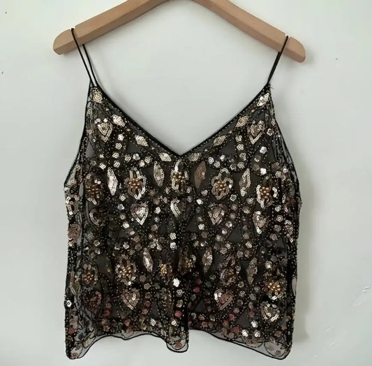 Puloru Trendy Sequins Beads Flower Pattern Vests Women's Sleeveless Open Back V Neck Camisoles See-Through Chic Summer Camis