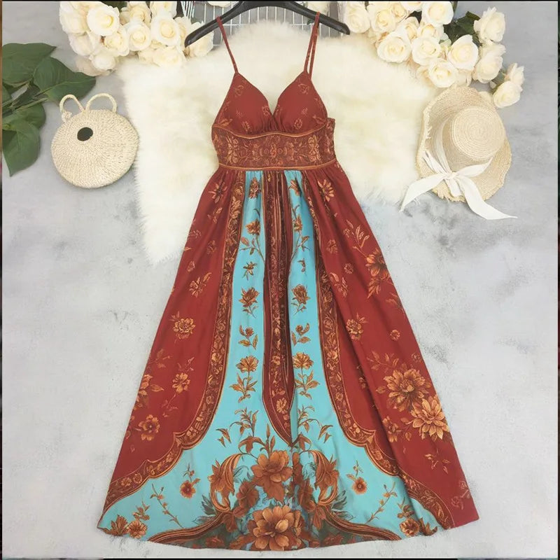 Sexy Spaghetti Strap Long Dress Women Summer Fashion Floral Print Sleeveless Off The Shoulder Strapless Maxi Dresses Elegant