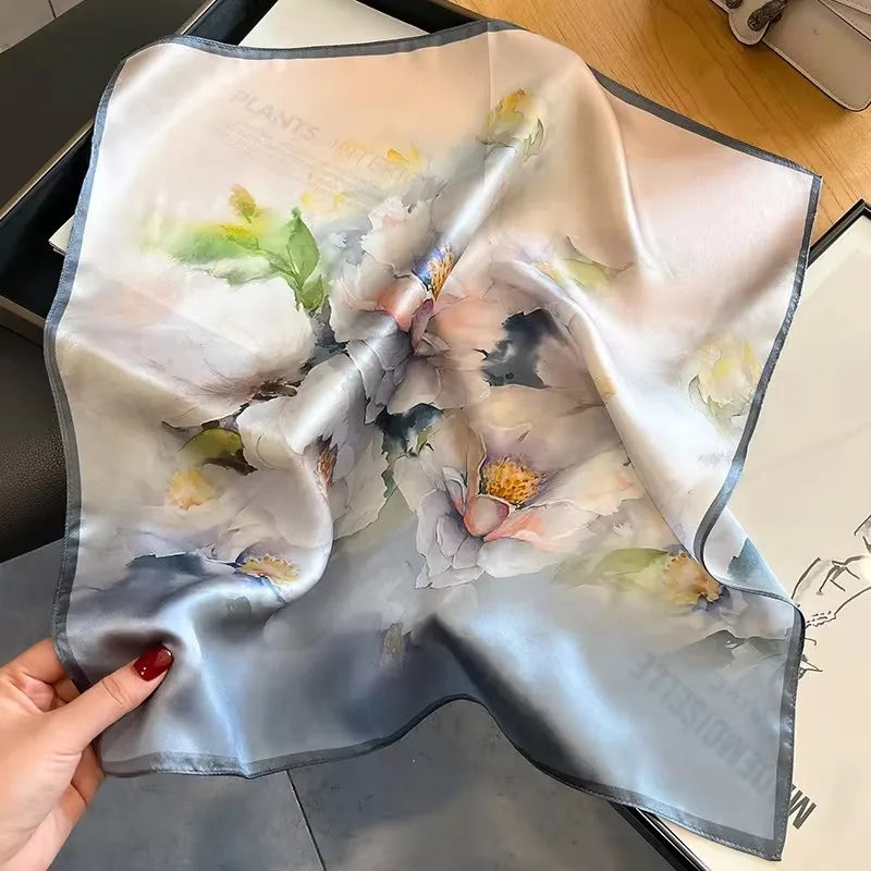 2025 New 100% Pure Silk Scarf Women Neck Hair Foulard Bandana Square Small Headband Hijab Print Poncho Scarves Pashmina