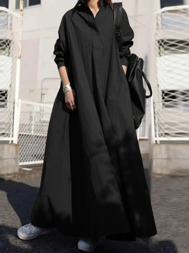 Women's Dress Autumn Long Sleeve Shirt Dress Loose Oversized Maxi Kaftan Woman Lapel Solid Half-Button A-line Sundress
