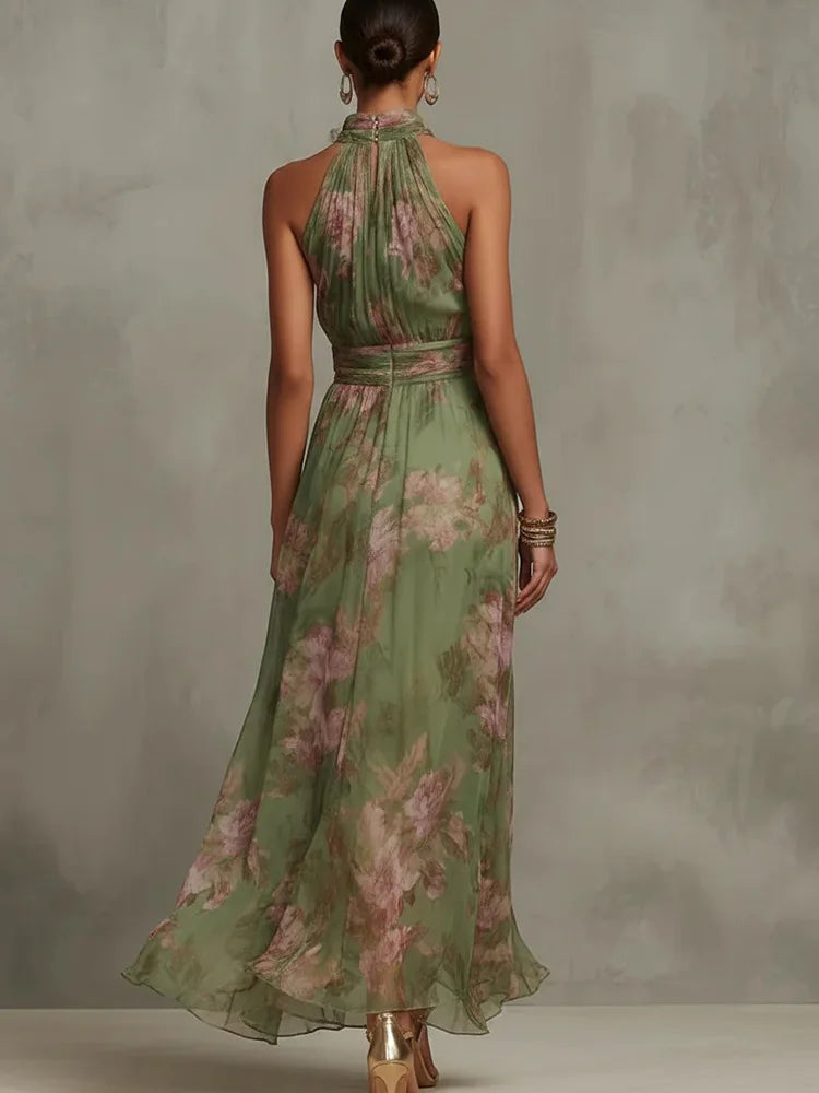 Fashion Sleeveless High Neck Ruched Waist Chiffon Flowy Evening Party Dress 2026 New Women Floral Print Halter Maxi Dress