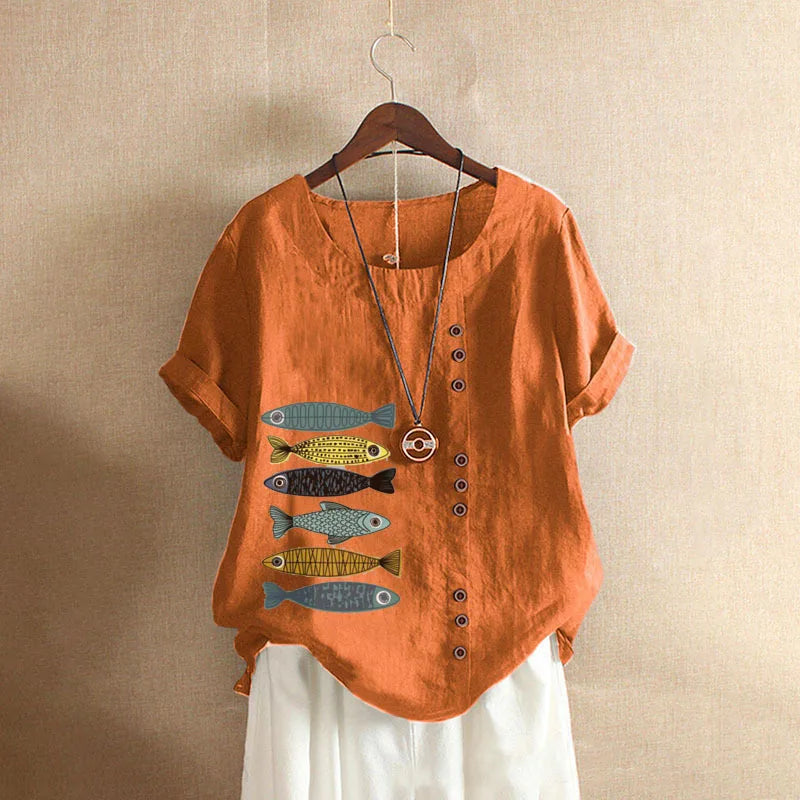 Women Cotton Linen Blouse Shirts Summer O-Neck Short Sleeve Vintage Floral Print Loose Tops WYLP-AL620409060860