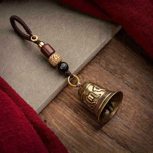 1pc Vintage Brass Tibetan Buddhism Six-word Mantra Bell Keychains Lanyard Pendants Handmade Rope Car Key Chain Rings Hanging