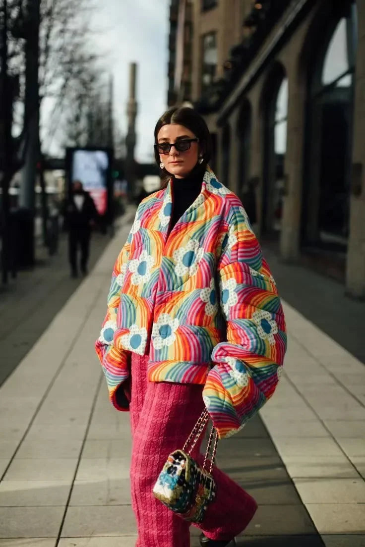 Fashionable Autumn/winter New Release Rainbow Flower Padded Jacket Cross-border Style Quilted Coats For Men Women - emogogo