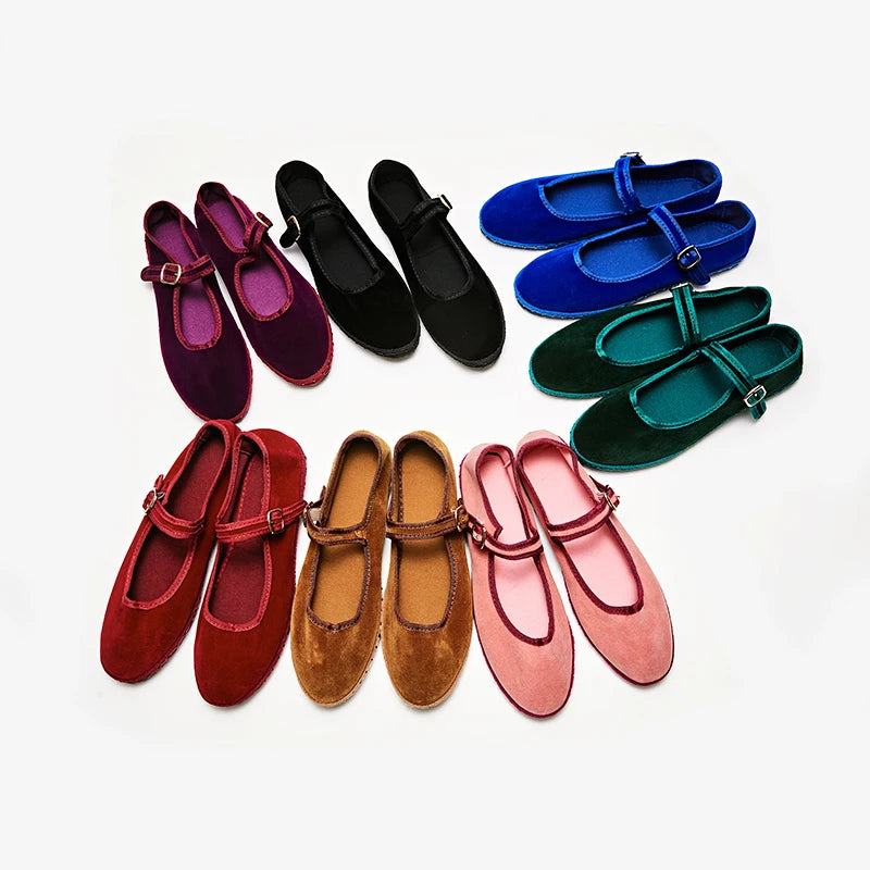 Gray Mary Jeans Flats Shoes Women Round Toe Hand Stitch Velvet Cloth Shoes Ladies Casual Soft Comfortable Ballet Shoes Loafers