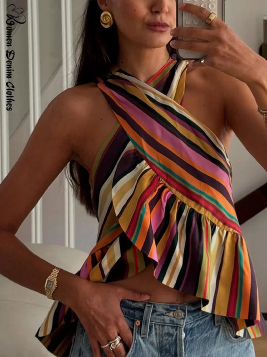 Sexy Striped Women's Vest Halter Sleeveless Ruffles Irregular Lady Vest 2026 Spring Summer New Female Street Vacation Tops