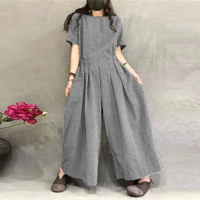 Short Sleeve Checked Wide Leg Overalls Pleated Waist O Neck Loose Casual Gingham Jumpsuits 2024 Fashion Women Long Romper - emogogo