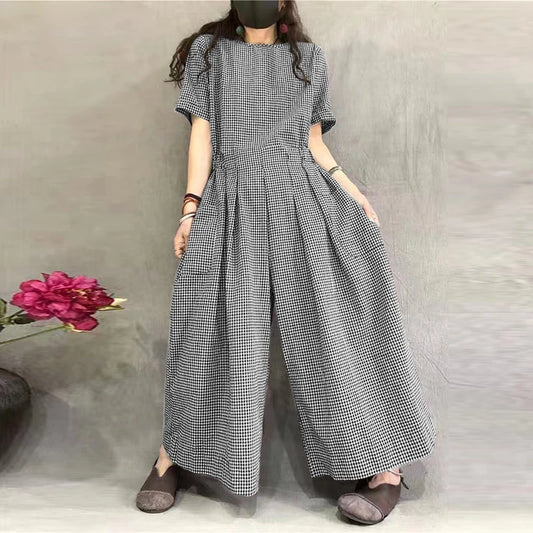 Short Sleeve Checked Wide Leg Overalls Pleated Waist O Neck Loose Casual Gingham Jumpsuits 2024 Fashion Women Long Romper - emogogo