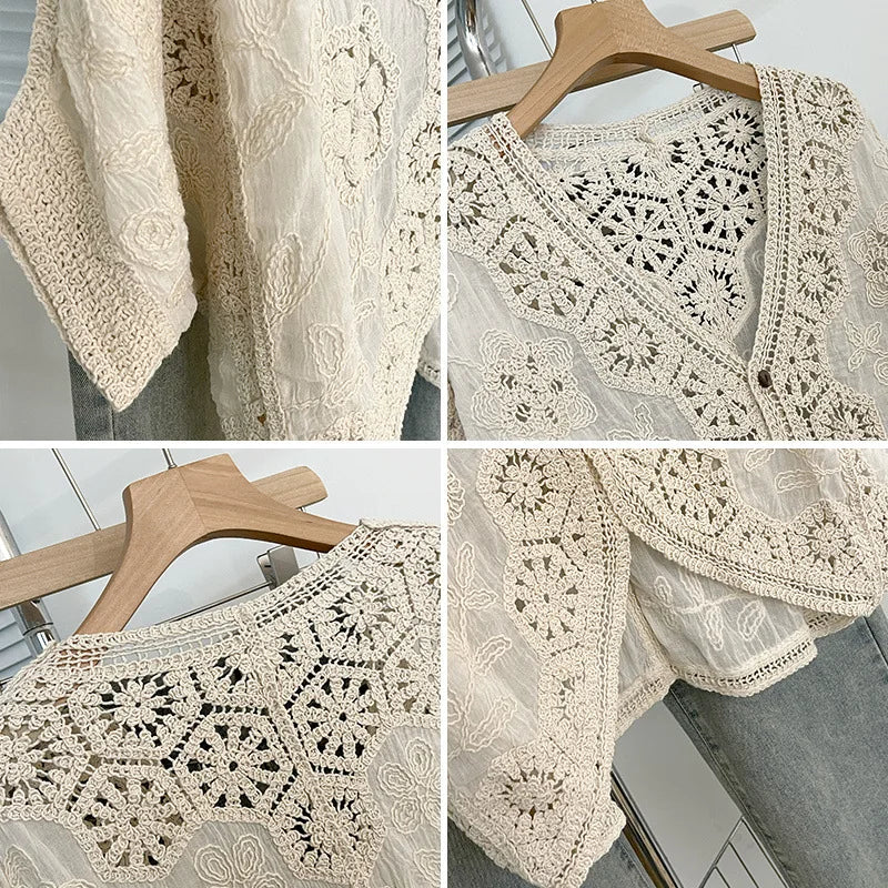 Boho Crochet Cardigan - Romantic Floral & Geometric Lace Cover-Up For Vacation & Daily Wear | Lightweight V-Neck Button-Up Knit