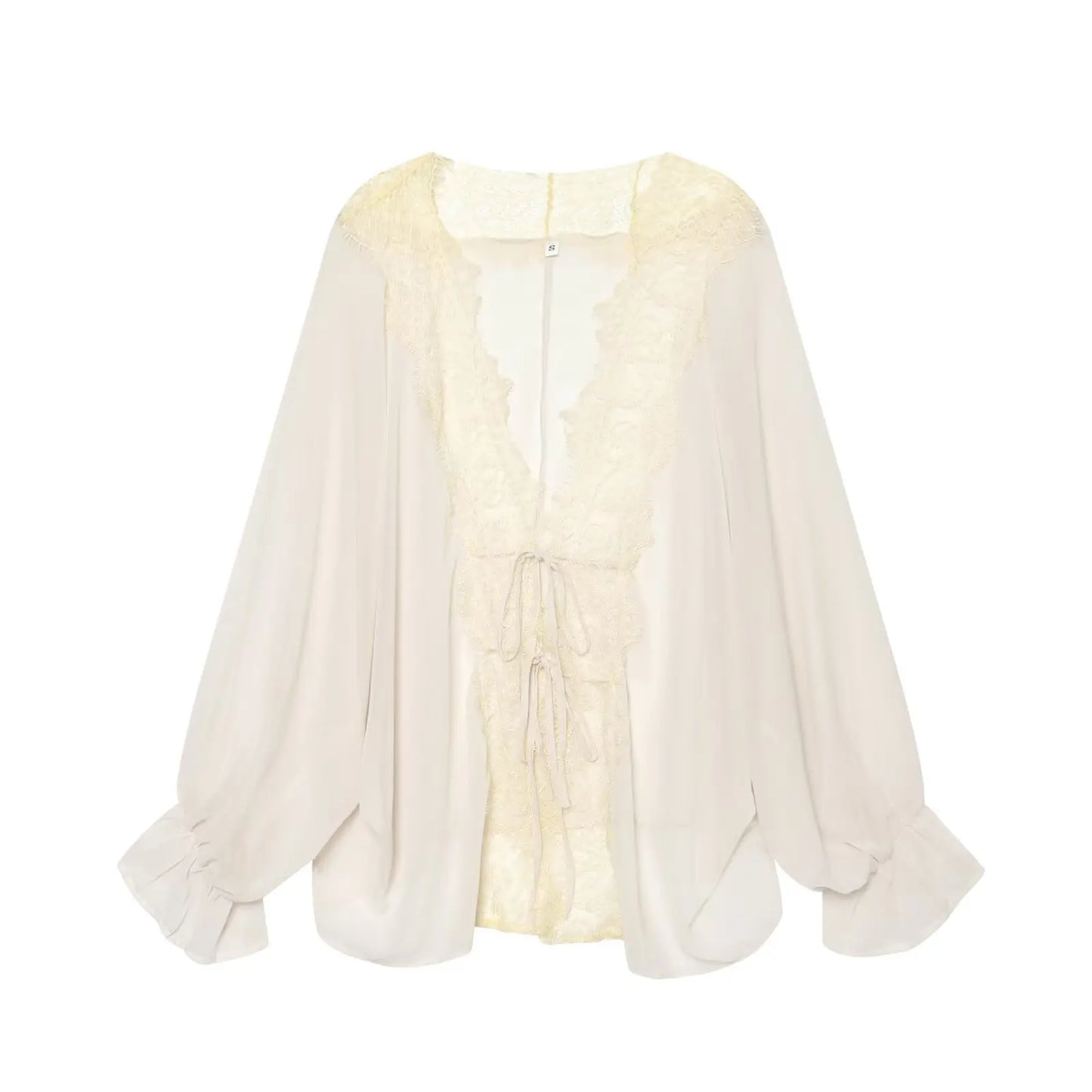 Women Lace Patchwork Lantern Long Sleeve Shirt Top Tie-up Loose Sheer Blouse Elegant Irregular High Street Fashion Lady