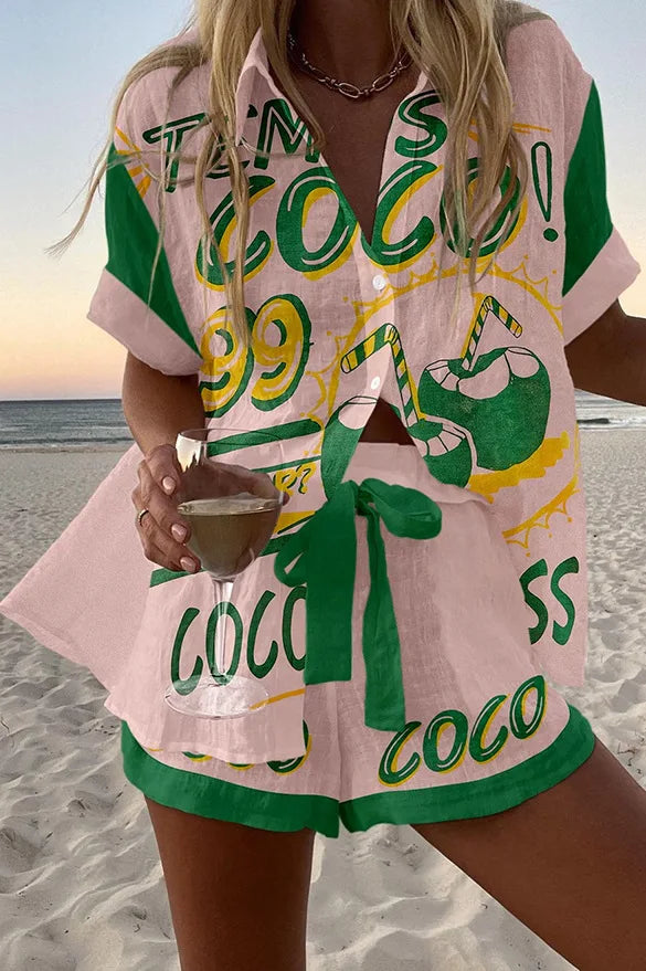 Fashion Print Beach Holiday 2-Piece Set Women Summer Short Sleeve Shirt Top + Wide Legs Short Women's Oversized Two-Piece Outfit