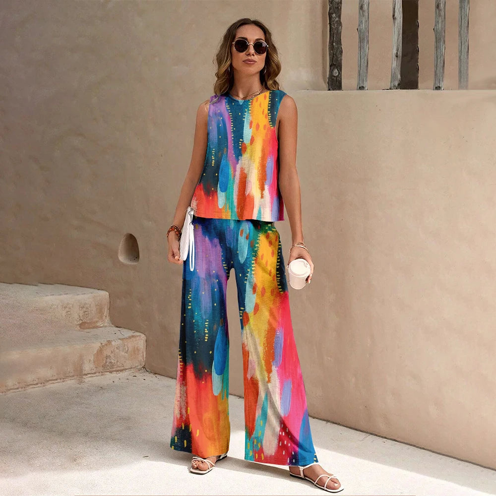 Harajuku Colorful Floral Pattern Print 2 Piece Womens Elegant O Neck Pullover And Straight Leg Pants Set Spring Summer Beach Set