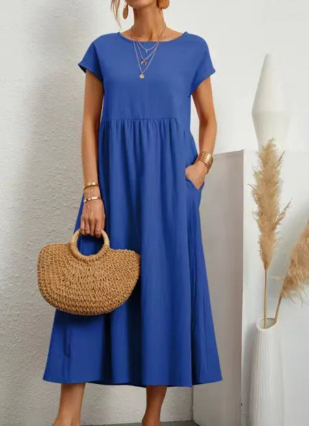 Women Vintage Solid Dress Summer Elegant O Neck Short Sleeve Cotton Linen Dresses Female Casual Loose Sundress Long Dress