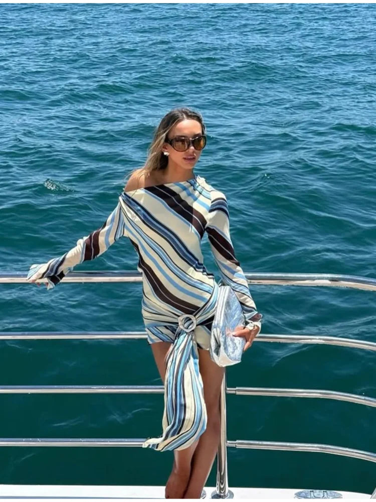Women Sleeveless Stripe Maxi Dress Cowl Neck Multicolor Ruched Bodycon High Slit Chiffon Vestido Sexy Evening Party Summer Gown