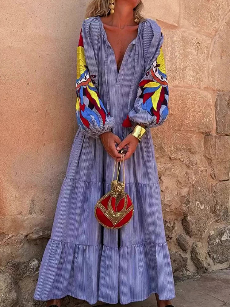 2024 Autumn Fashion New Women's Loose Long Sleeve Striped Splicing V-neck Lantern Sleeve Printed Loose Long Dress