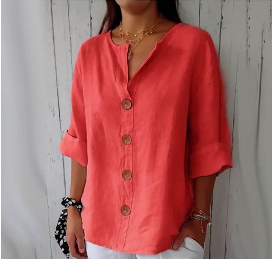 Summer Loose Shirt Women's V-Neck Button Top Casual Shirts Solid Fashion Elegant Office Women Clothing Blouse