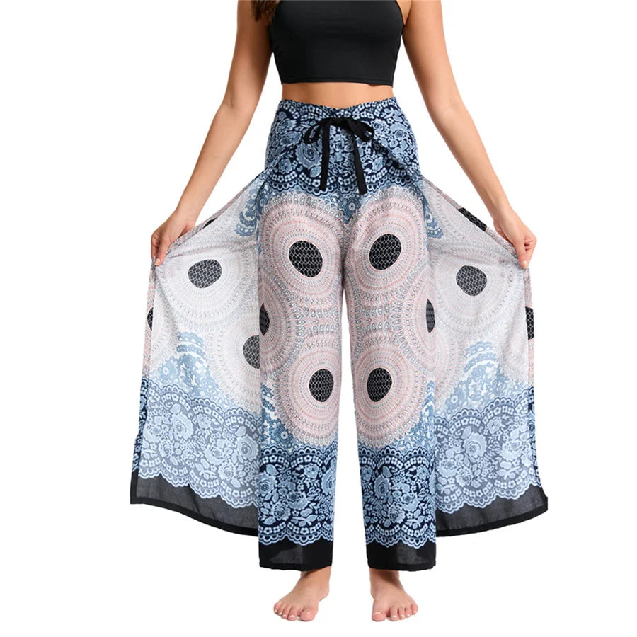 Women's Boho Palazzo Pants Wide Leg Yoga Wrap Tie Up Waistband Beach Cover Up Trousers Rayon Soft Breathable Loose Pants