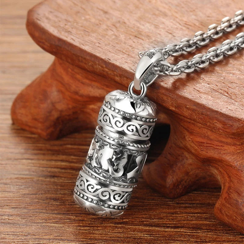 Silver Six Character True Word Pendant Can Open The Gawu Box Necklace for Men and Women Chinese Style Jewelry Rotatable