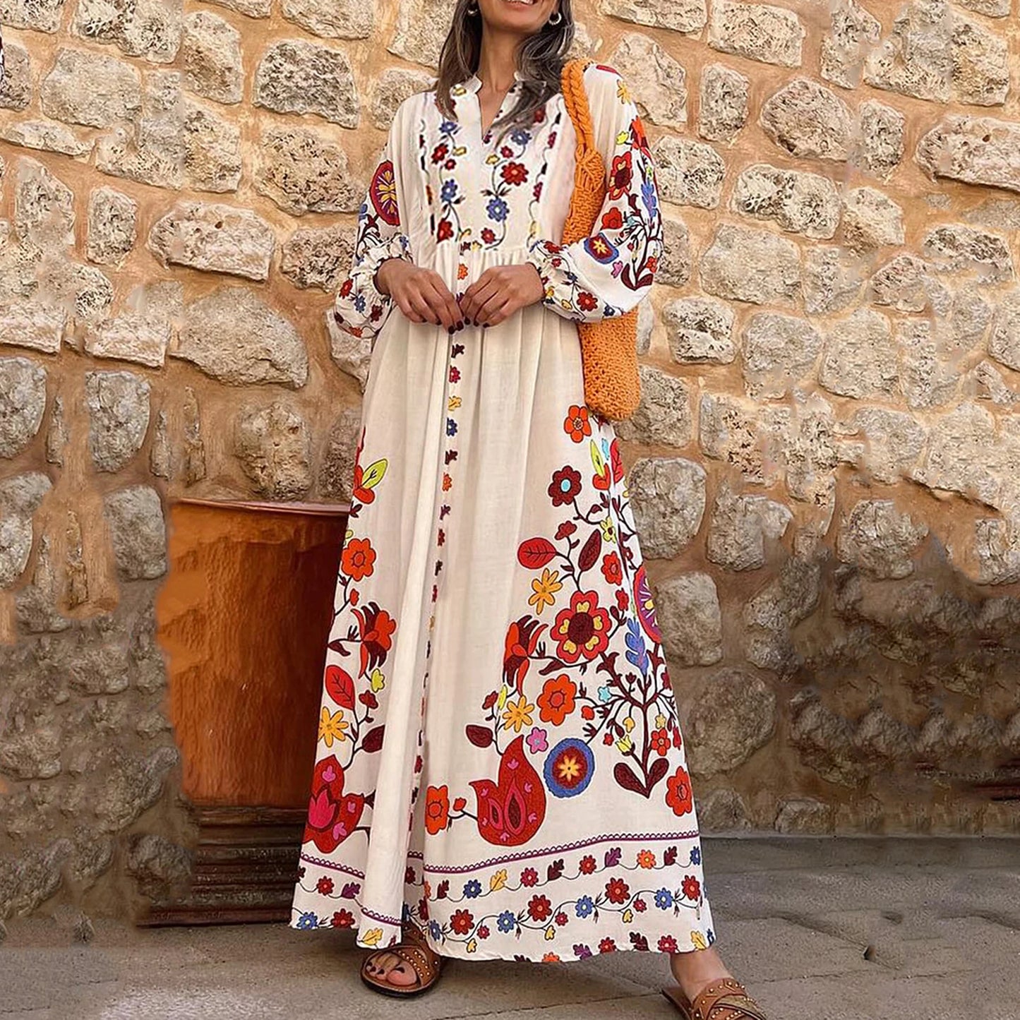 Summer V-neck Flower Print Loose Casual Fall Swing Dress Women Long Dress Long Sleeve Dress