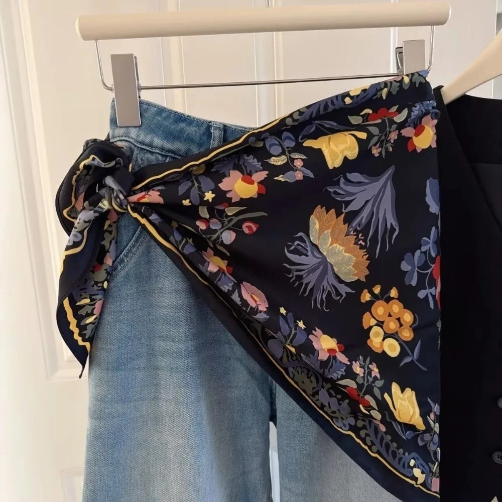 New Multi-functional Floral Triangle Scarf Matching Pants Silk Satin Waist Belt Women's Necktie Summer