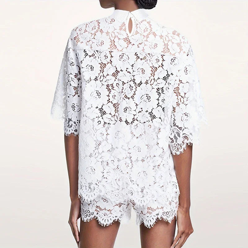 Sexy Lace Embroidery Hook Flower Hollow Crochet Set Women 2 Pieces Polo-Neck Button Tops and Shorts Outfits Spring Summer Suits