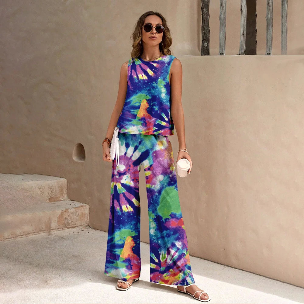 Harajuku Colorful Floral Pattern Print 2 Piece Womens Elegant O Neck Pullover And Straight Leg Pants Set Spring Summer Beach Set