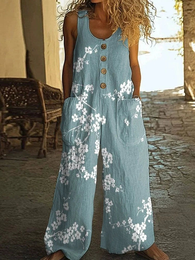Vintage Print Buttons Sleeveless Jumpsuits Women Summer New Fashion Temperament Loose Wide Legs Jumpsuit Lady Commuting Clothing