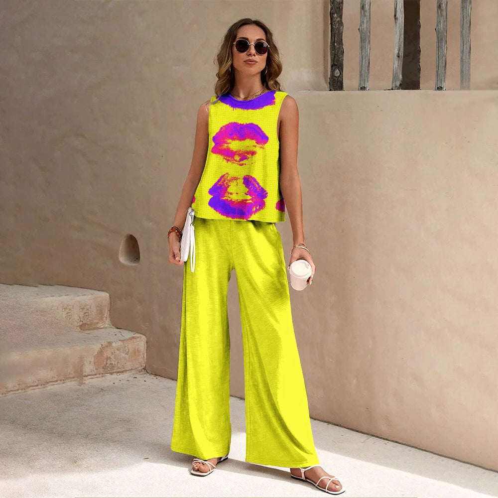 Harajuku Colorful Floral Pattern Print 2 Piece Womens Elegant O Neck Pullover And Straight Leg Pants Set Spring Summer Beach Set