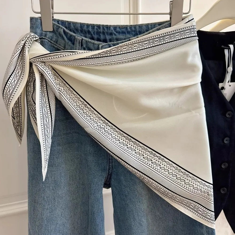 New Multi-functional Floral Triangle Scarf Matching Pants Silk Satin Waist Belt Women's Necktie Summer