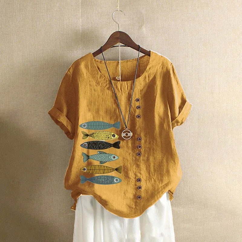 Women Cotton Linen Blouse Shirts Summer O-Neck Short Sleeve Vintage Floral Print Loose Tops WYLP-AL620409060860