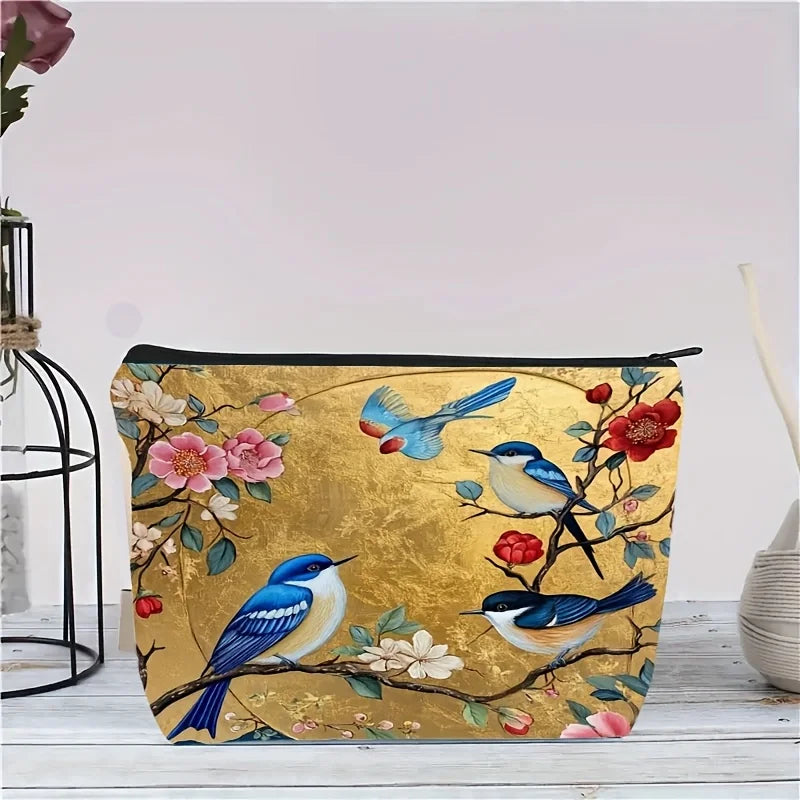 Lightweight, Foldable Floral Bird Pattern Fabric Makeup Bag | Zippered Cosmetic Pouch with Golden Background Design