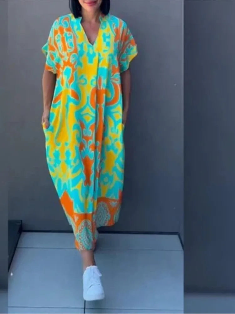 Women's Short-sleeve New V-neck Print Casual Dress Summer Fashion Elegant Office Party Holiday Women Clothes Dresses Robe Femme