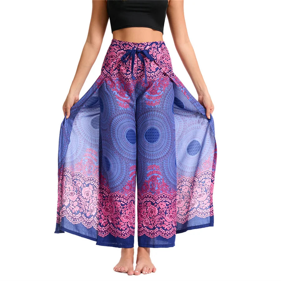 Women's Boho Palazzo Pants Wide Leg Yoga Wrap Tie Up Waistband Beach Cover Up Trousers Rayon Soft Breathable Loose Pants