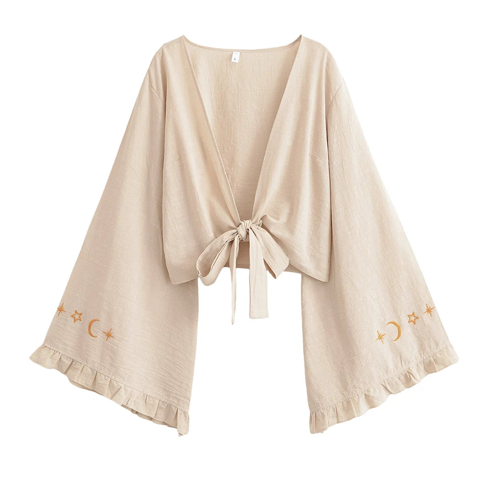 Boho Queens Women Star Moon Embroidery Ruffles Flare Sleeve Short Bohemian Kimono Vacation Beach Summer Bikini Boho Cover-ups