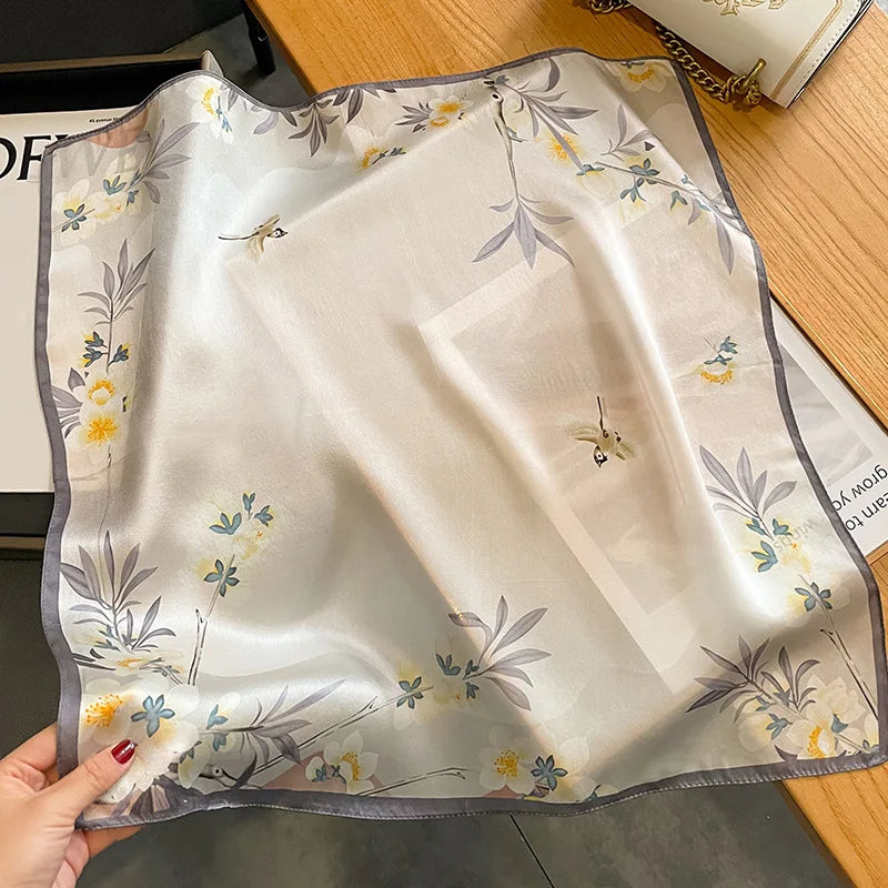 2025 New 100% Pure Silk Scarf Women Neck Hair Foulard Bandana Square Small Headband Hijab Print Poncho Scarves Pashmina