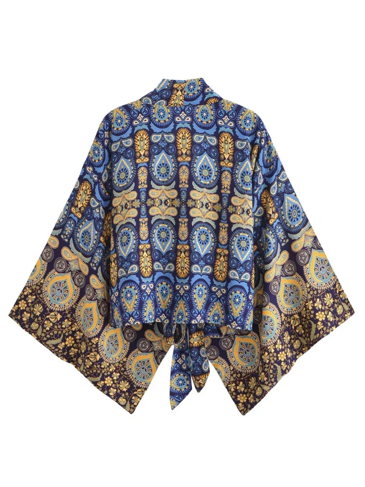 Vintage Boho Kimono Short Robe Women Fashion 2024 Floral Batwing Sleeves Rayon Bohemian Bikini Cover Up Beachwear