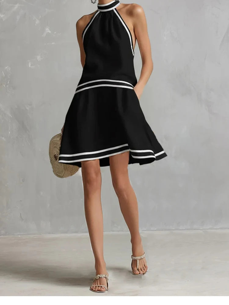 Contrast Color Elegant Off Shoulder Sleeveless A-Line Halter Neck Mini Dress Y2K Summer Fashion Vacation Party Vestidos