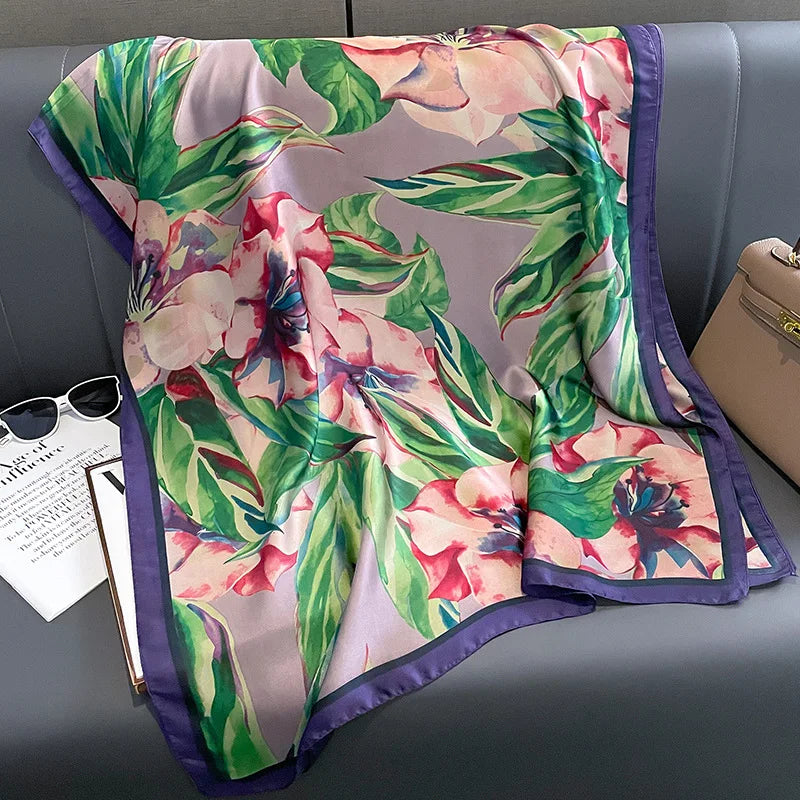 Green Peacock Feather Hijab Summer Beach Pareo Silk Scarf Women Luxury Bandana Soft Long Foulard Femme Designer Bufandas Mujer