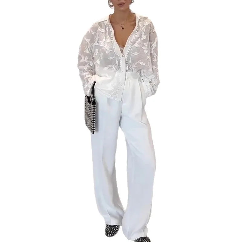 Heavy Industry Embroidery Lapel Long Sleeved Shirt for Summer Sun Protection, New Embroidery Loose Top Cardigan