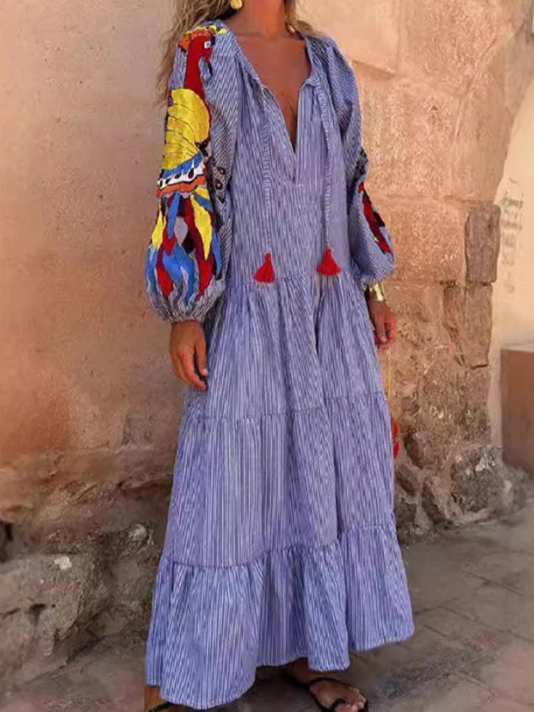 2024 Autumn Fashion New Women's Loose Long Sleeve Striped Splicing V-neck Lantern Sleeve Printed Loose Long Dress