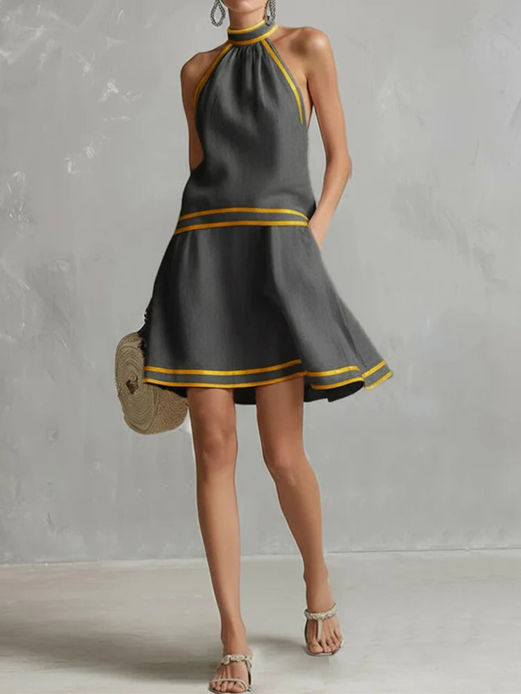 Contrast Color Elegant Off Shoulder Sleeveless A-Line Halter Neck Mini Dress Y2K Summer Fashion Vacation Party Vestidos