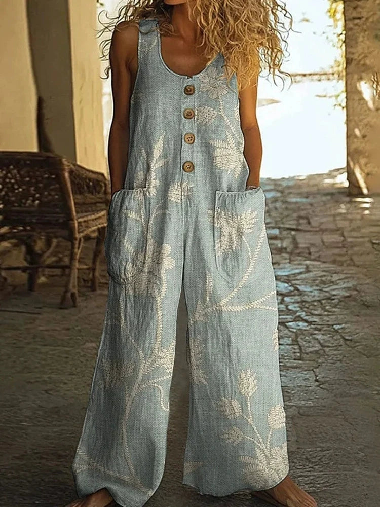 Vintage Print Buttons Sleeveless Jumpsuits Women Summer New Fashion Temperament Loose Wide Legs Jumpsuit Lady Commuting Clothing