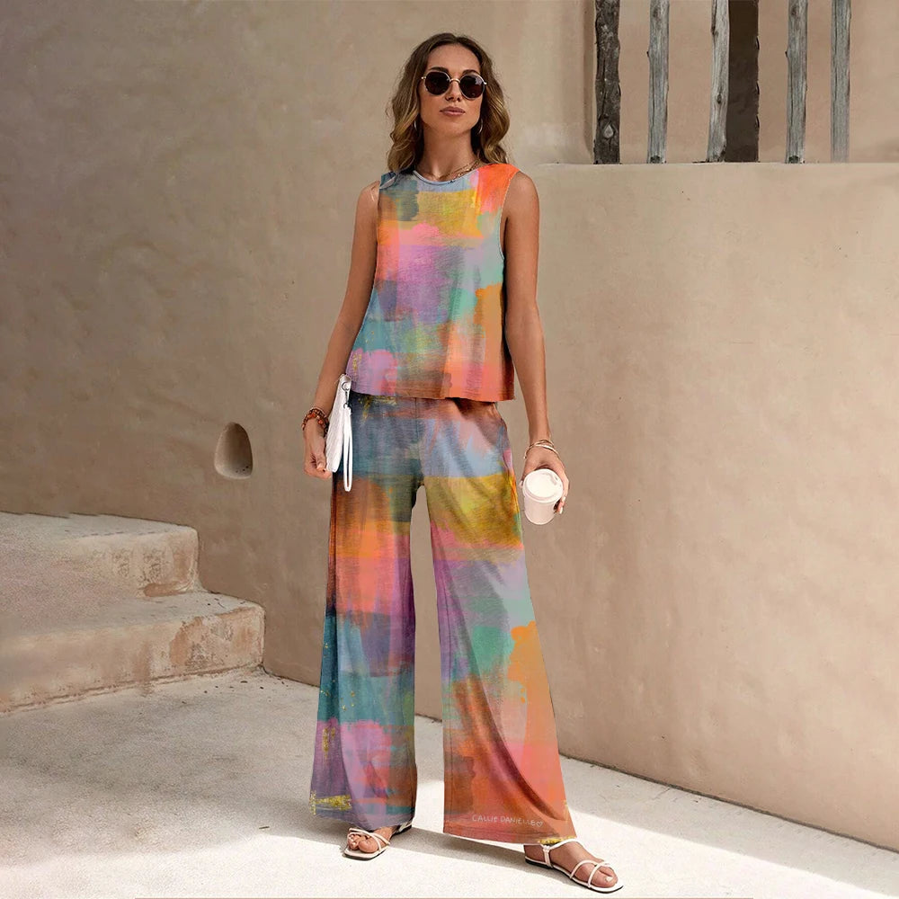 Harajuku Colorful Floral Pattern Print 2 Piece Womens Elegant O Neck Pullover And Straight Leg Pants Set Spring Summer Beach Set